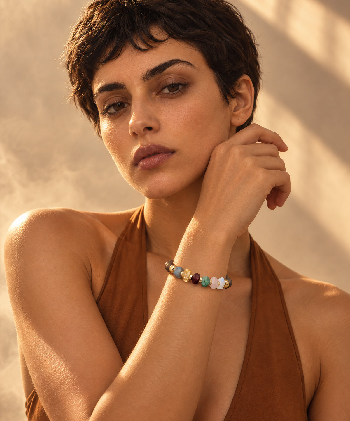 ODYSSEY BRACELET WITH MOONSTONE, CITRINE, LABRADORITE, GARNET, EMERALD, ROSE QUARTZ & SMOKY QUARTZ