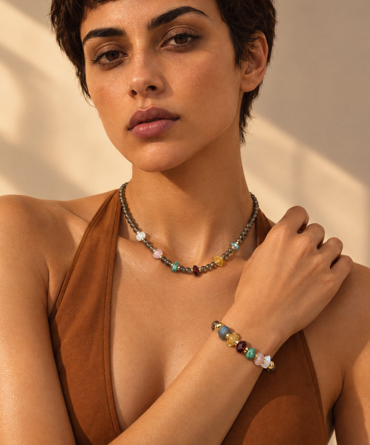 ODYSSEY NECKLACE WITH MOONSTONE, CITRINE, LABRADORITE, GARNET, EMERALD, ROSE QUARTZ & SMOKY QUARTZ