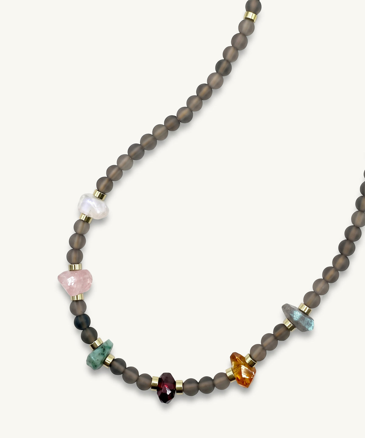 ODYSSEY NECKLACE WITH MOONSTONE, CITRINE, LABRADORITE, GARNET, EMERALD, ROSE QUARTZ & SMOKY QUARTZ