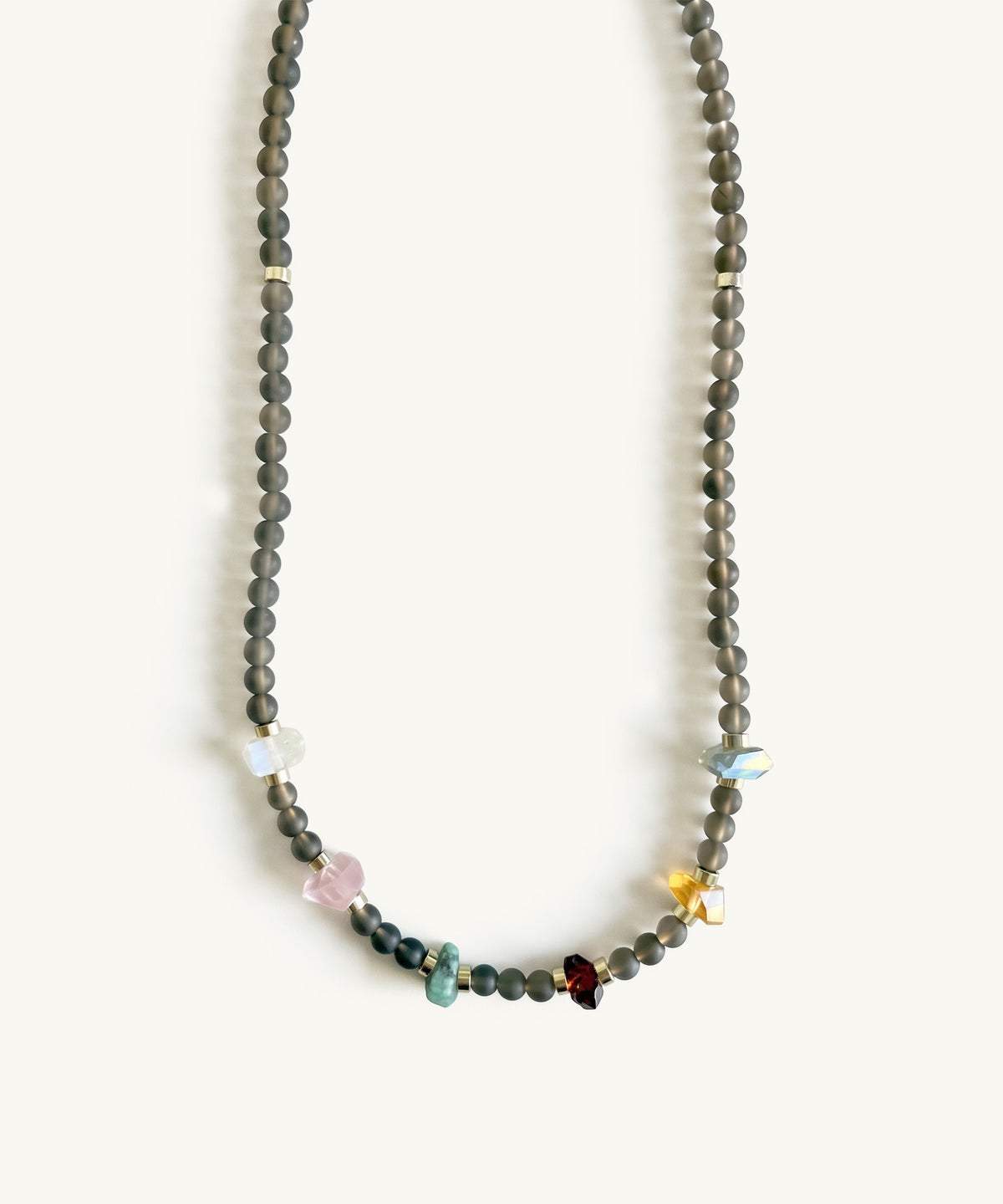 ODYSSEY NECKLACE WITH MOONSTONE, CITRINE, LABRADORITE, GARNET, EMERALD, ROSE QUARTZ & SMOKY QUARTZ