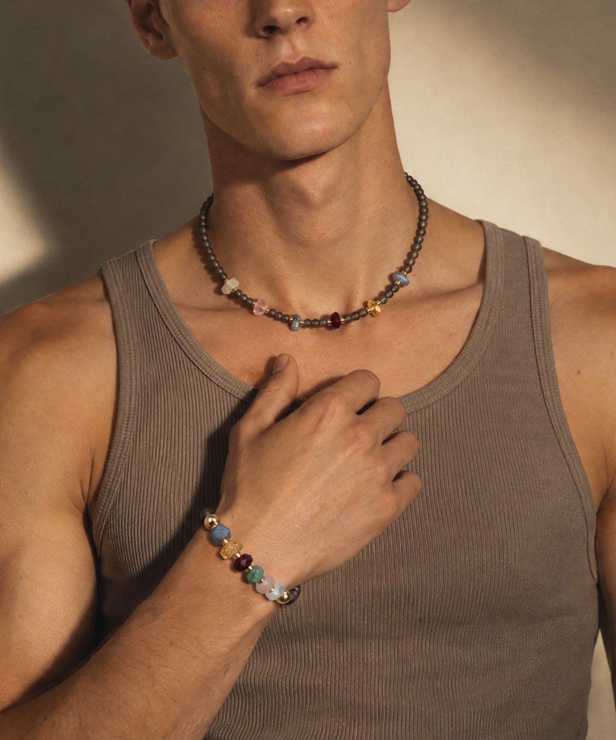 ODYSSEY NECKLACE WITH MOONSTONE, CITRINE, LABRADORITE, GARNET, EMERALD, ROSE QUARTZ & SMOKY QUARTZ