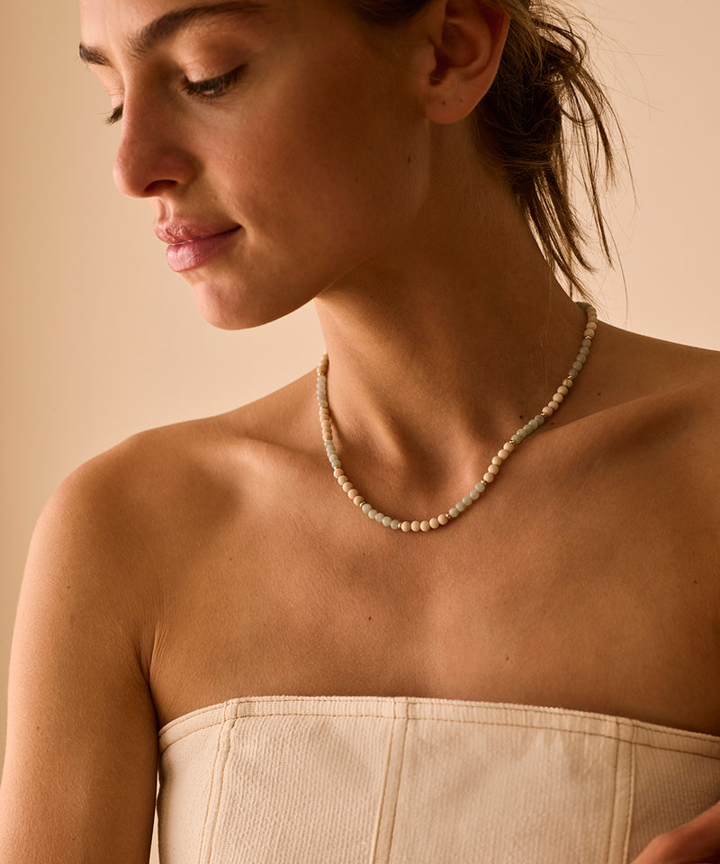 THE PROSPEROUS EXPLORER NECKLACE WITH BURMESE JADE & FOSSIL CORAL