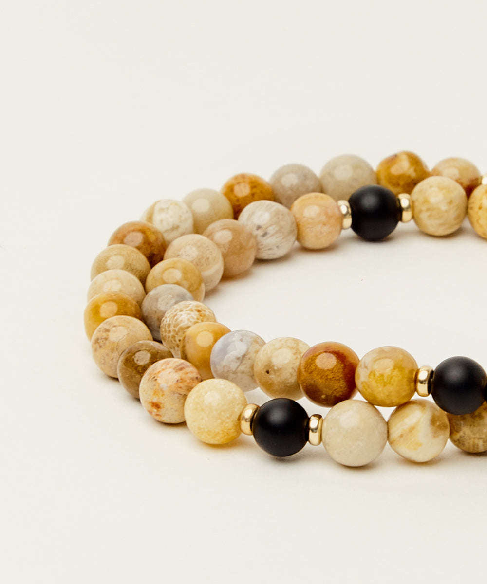 TRANSFORMATION WRAP BRACELET WITH FOSSIL CORAL & ONYX