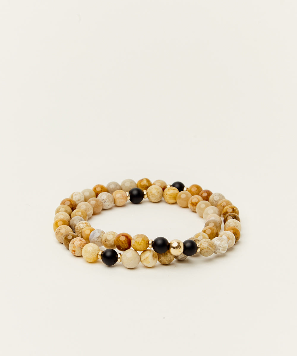 TRANSFORMATION WRAP BRACELET WITH FOSSIL CORAL & ONYX