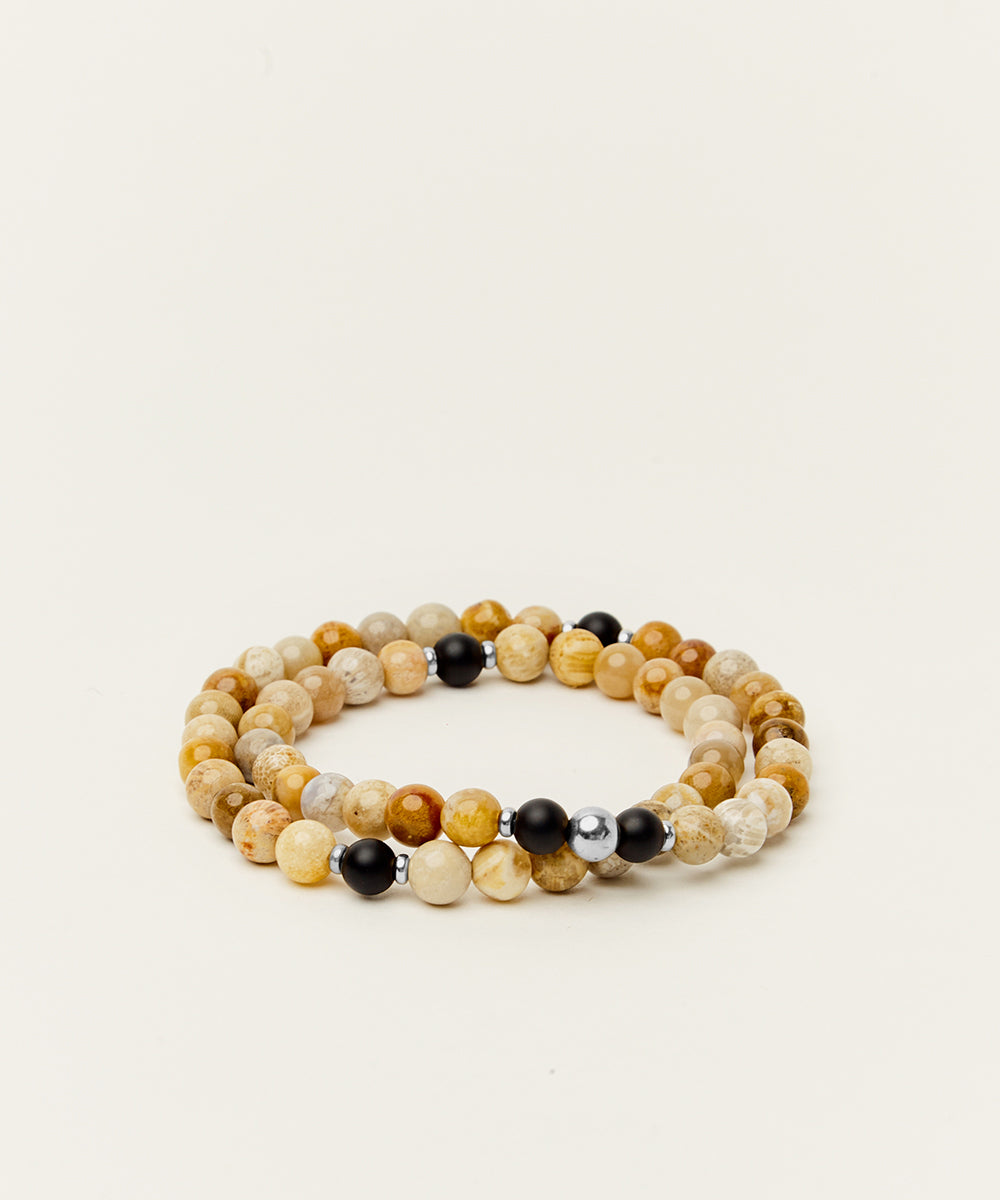 TRANSFORMATION WRAP BRACELET WITH FOSSIL CORAL & ONYX